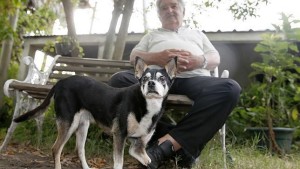 Mujica y su perra Manuela, en el jardín de la chacra del presidente